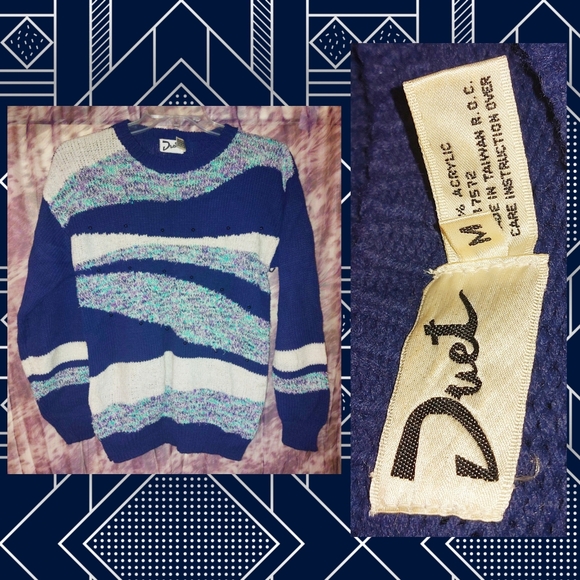 Duet brand Navy Blue & Wht Striped Print Knit Pullover Sweater Sz Med Vintage - Picture 1 of 8